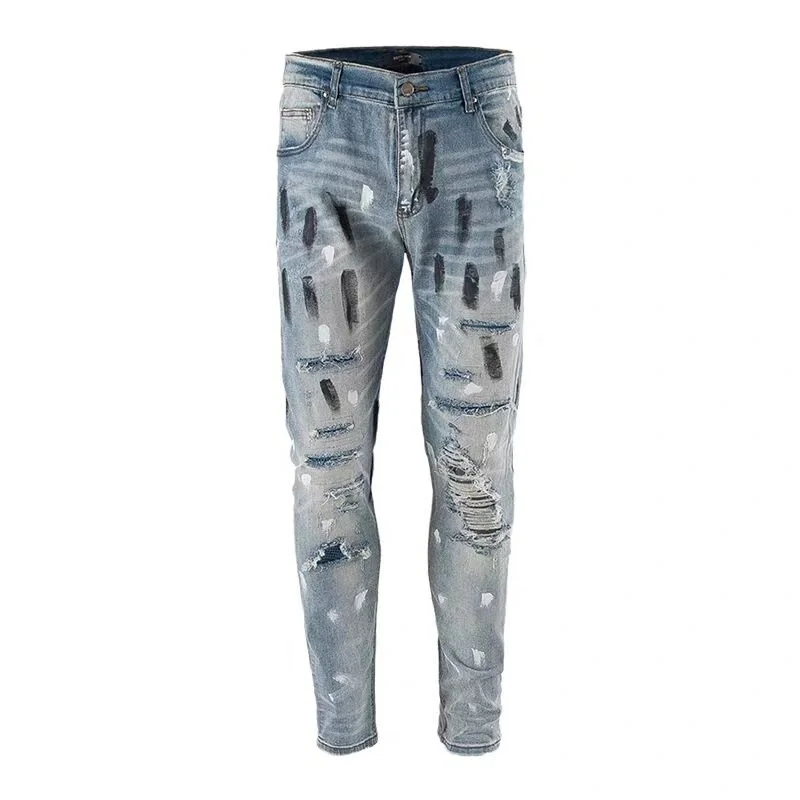 

Men's High street Stretch Skinny Jeans inkjet hole jeans