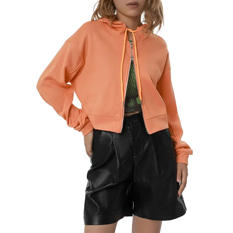 

Spring Autumn Women Casual Long Sleeve Cropped Hoodies Cardigan Fashion Solid Color Zipper Hooded Sweatshirt