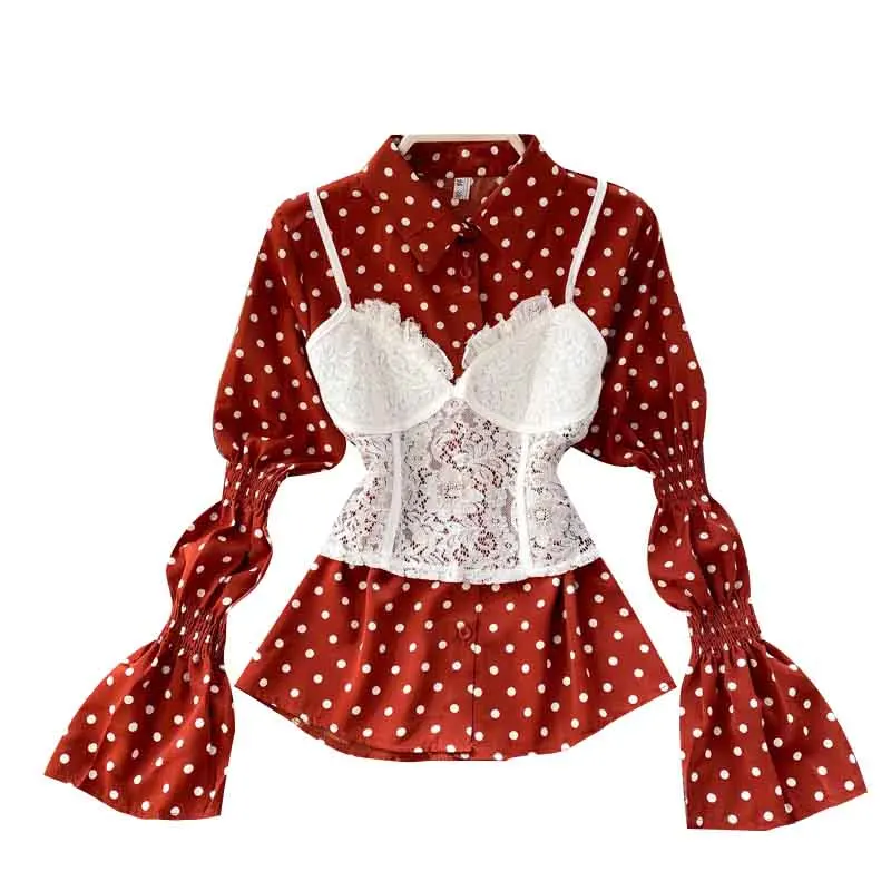 

Spring Autumn Women's Shirt New Two-piece Retro Polka Dot Puff Sleeve Blouse Chiffon White Female Sling Two-piece Shirt GX092