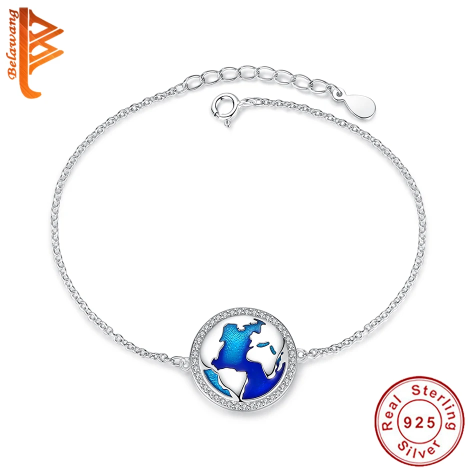 

Женский браслет из серебра 100% пробы с синей эмалью и картой мира