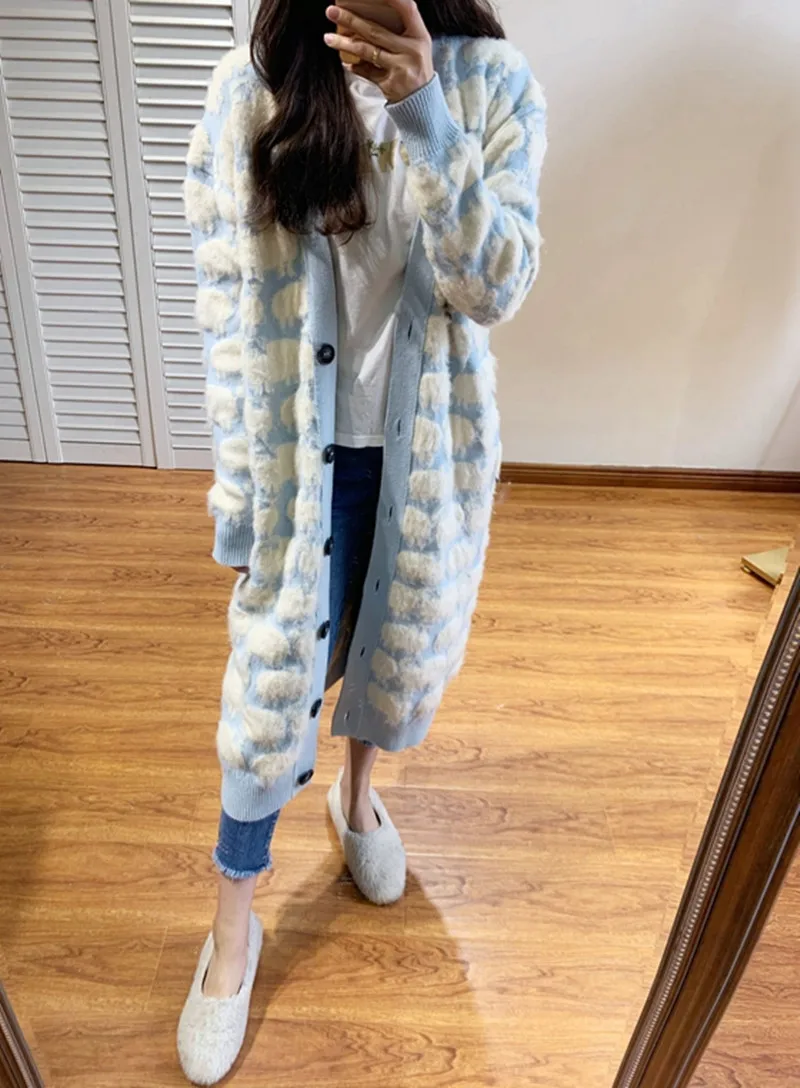 Искусственный норковый кардиган длинный женский Осень зима 2020 овчина жаккард