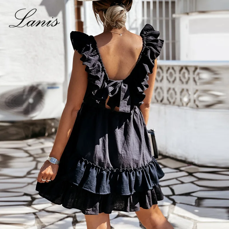 

Solid Dress Cotton Linen Women Casual Elegant Party Dresses Sexy Halter Ruffle Summer Sleeveless Back Bandage Beach Ladies Dress