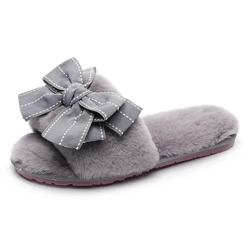 Women Fur Home Cotton Slippers Lovely Bow Warm Plush Winter Cute Flat Shoes for Lady Indoor Outdoor Slides Girls Sweet Slipper