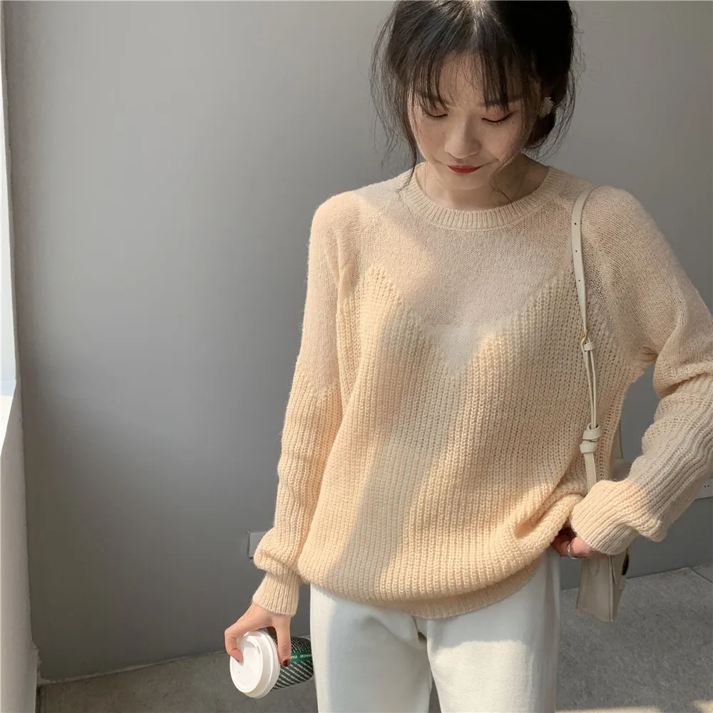 Французский Стиль Мохер Свободные Свитера микро-перфорированная ткань с длинным