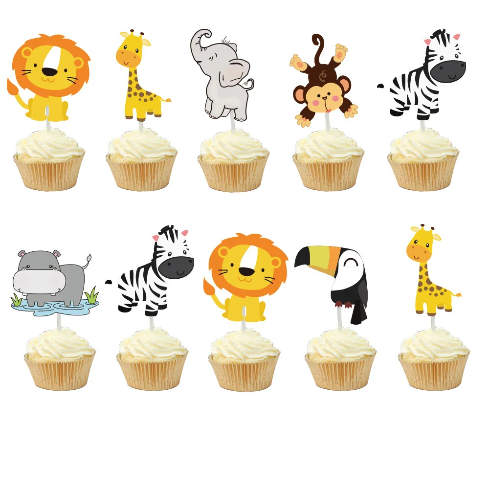 

Grassland cartoon animal theme paper banner lion elephant monkey happy birthday pull flag cake insert