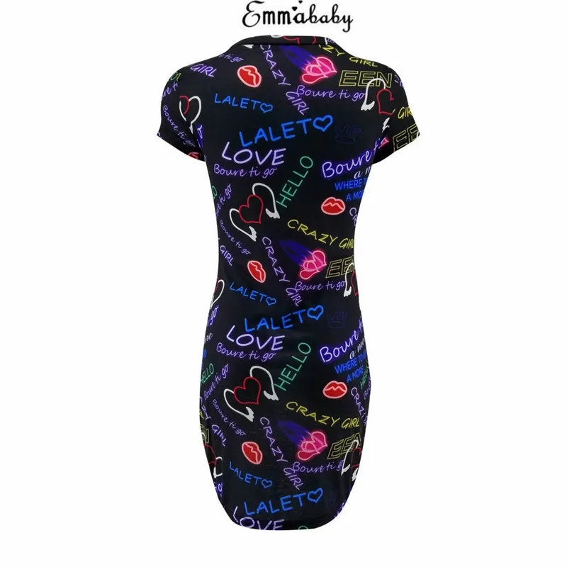 

Fashion Women Ladies Bodycon Short Sleeve O neck Letter Printed Party Club Summer Short Mini Dress