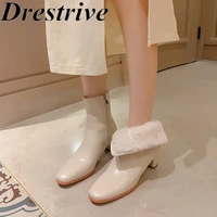 drestrive elegant women snow boots 2021 new ankle winter shoes thick mid heels wine red wool warm office size 43 patent leather