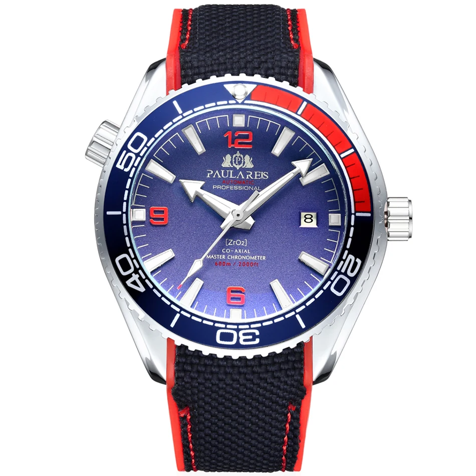 White Red Blue Мужские автоматические механические холщовые часы с резиновым ремешком James Bond 007, стильные оранжевые, синие, красные классические часы с вращающейся рамкой - Цвет: White Red Blue