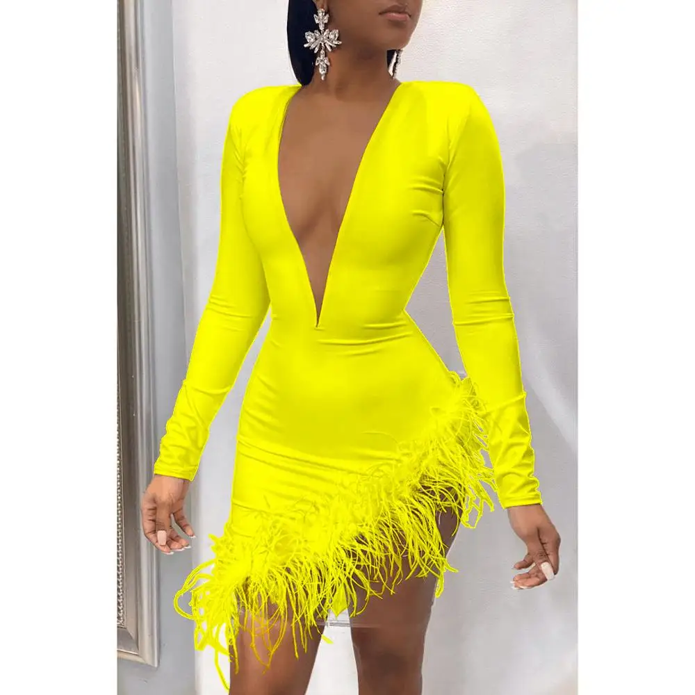 

Hot Selling Feather Mesh Patchwork Women Dress Solid Sexy Deep V-Neck Skinny Long Sleeve Dresses For Nightclub Party Wear Autumn