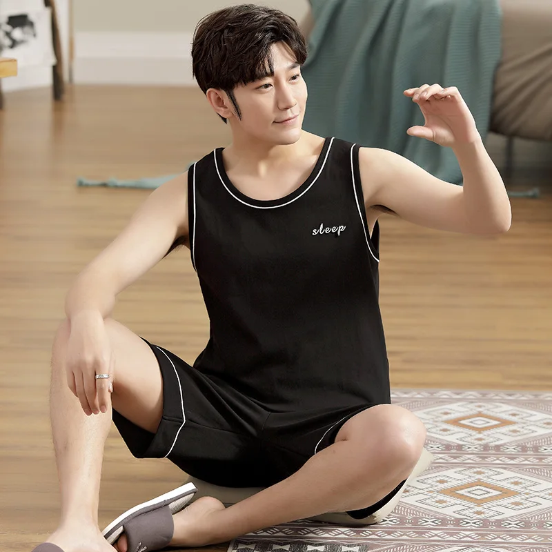 

2022 Male Pajamas Sets Vest Sleepwear Sleeveless Tops + Shorts 2pcs/set L-XXXXLNew Style Men's Pajamas Set Summer Thin Cotton