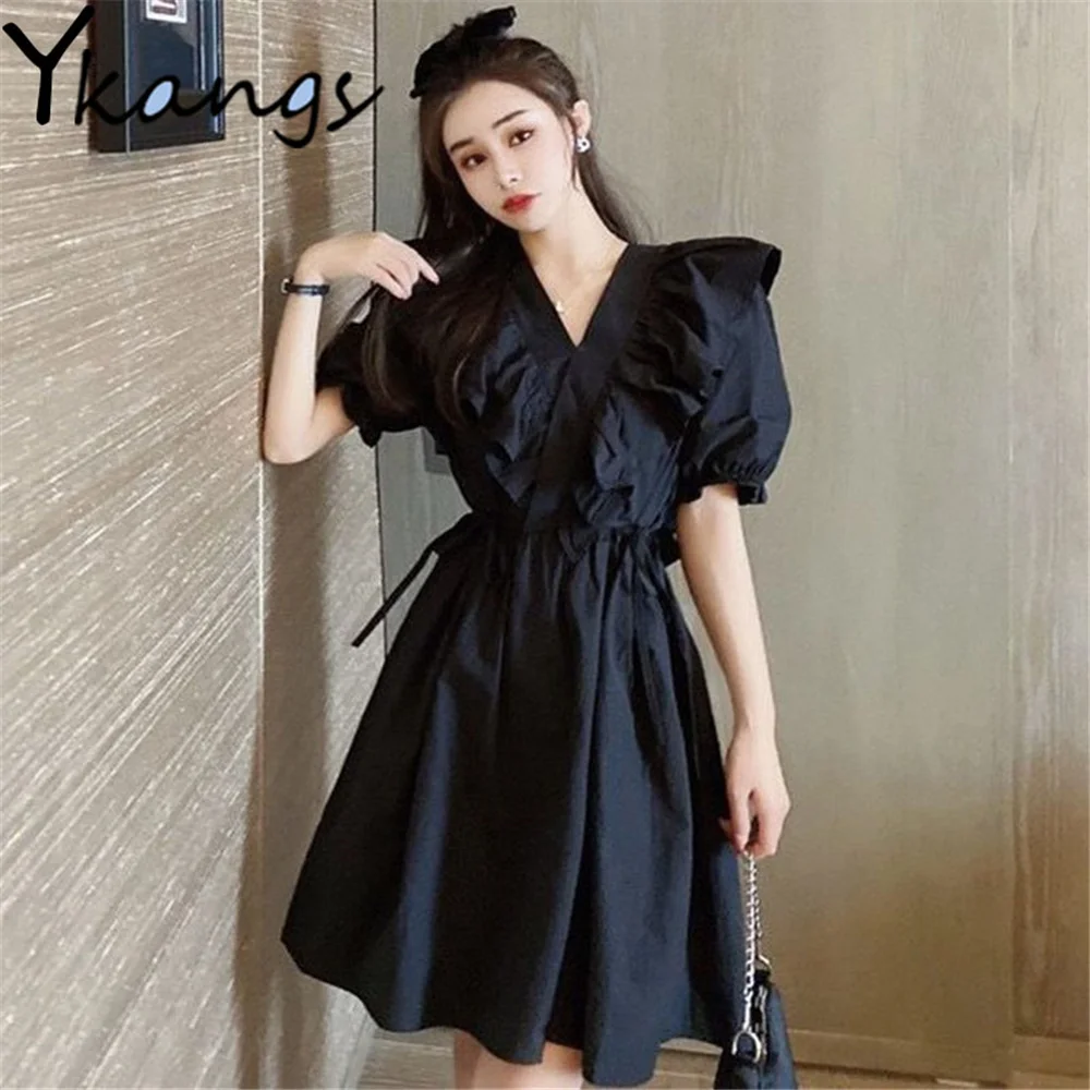 

Короткое приталенное платье с матросским воротником, милое черное элегантное платье в стиле преппи с длинным рукавом, летняя повседневная ...