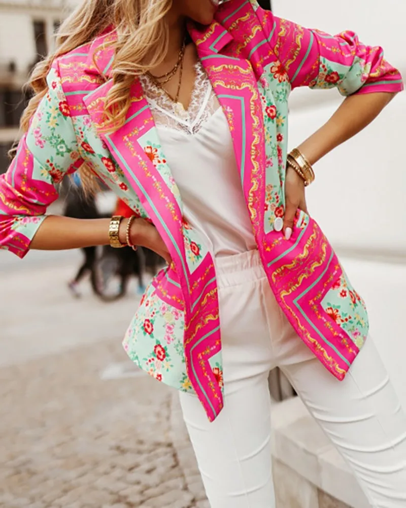 

Floral Baroque Print Blazer Coat Women Long Sleeve Blazer Coat