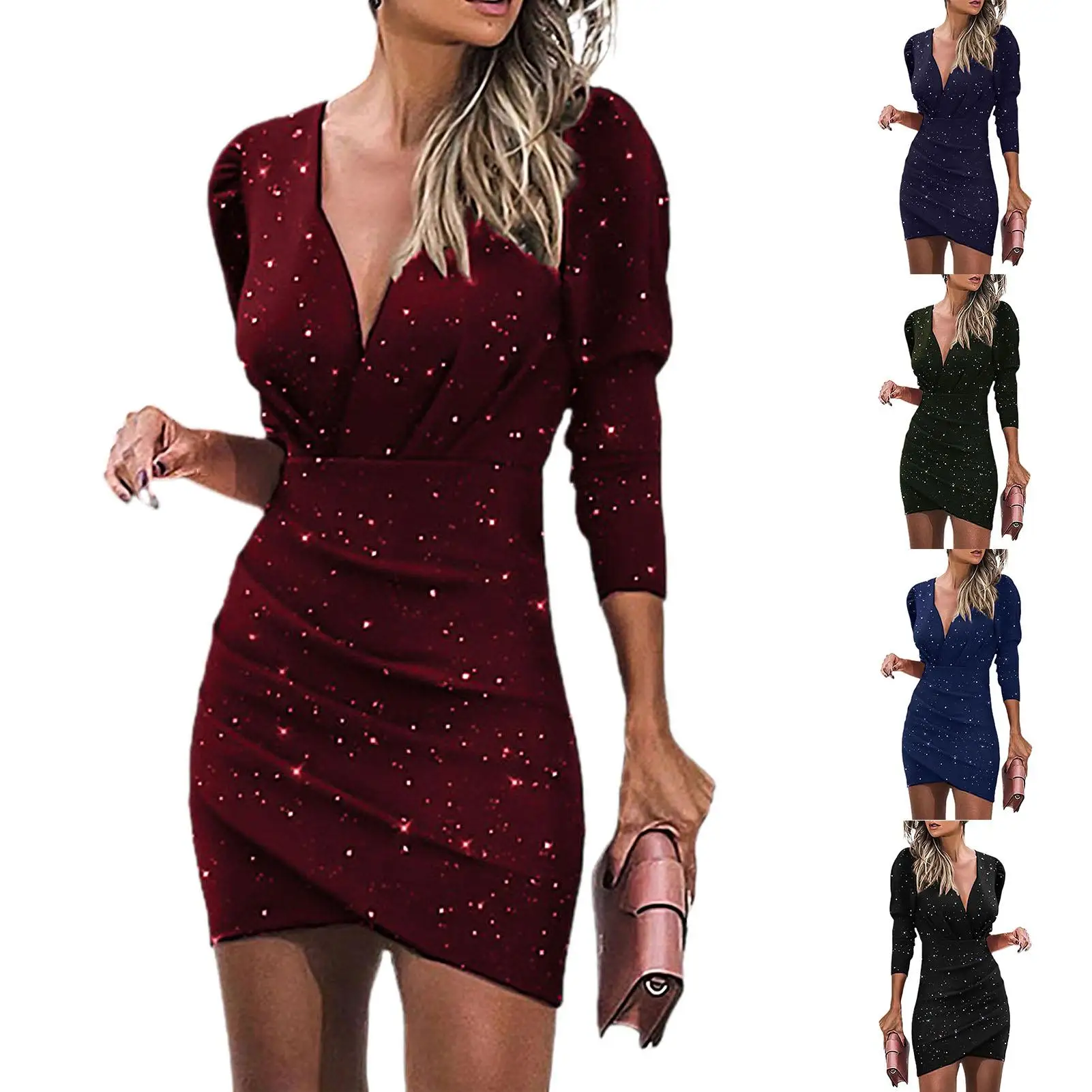 

Элегантное женское платье со звездным принтом, платье с длинным рукавом и глубоким V-образным вырезом для женщин, сексуальное мини-платье с ...