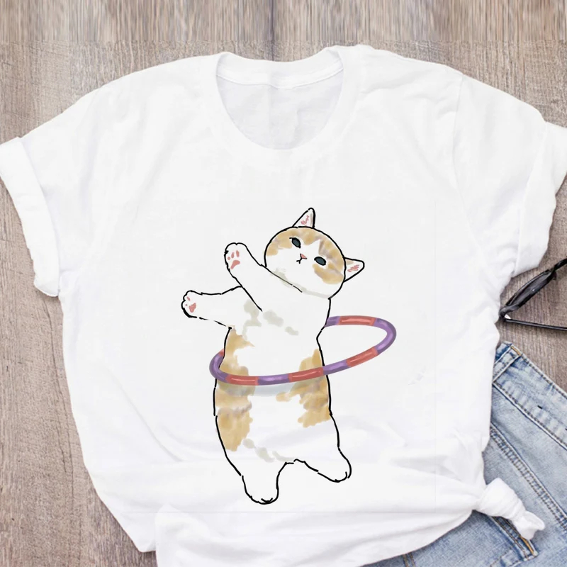 

Kawaii cat funny cartoon print ladies T-shirt ladies casual basic O-neck white shirt short-sleeved T-shirts