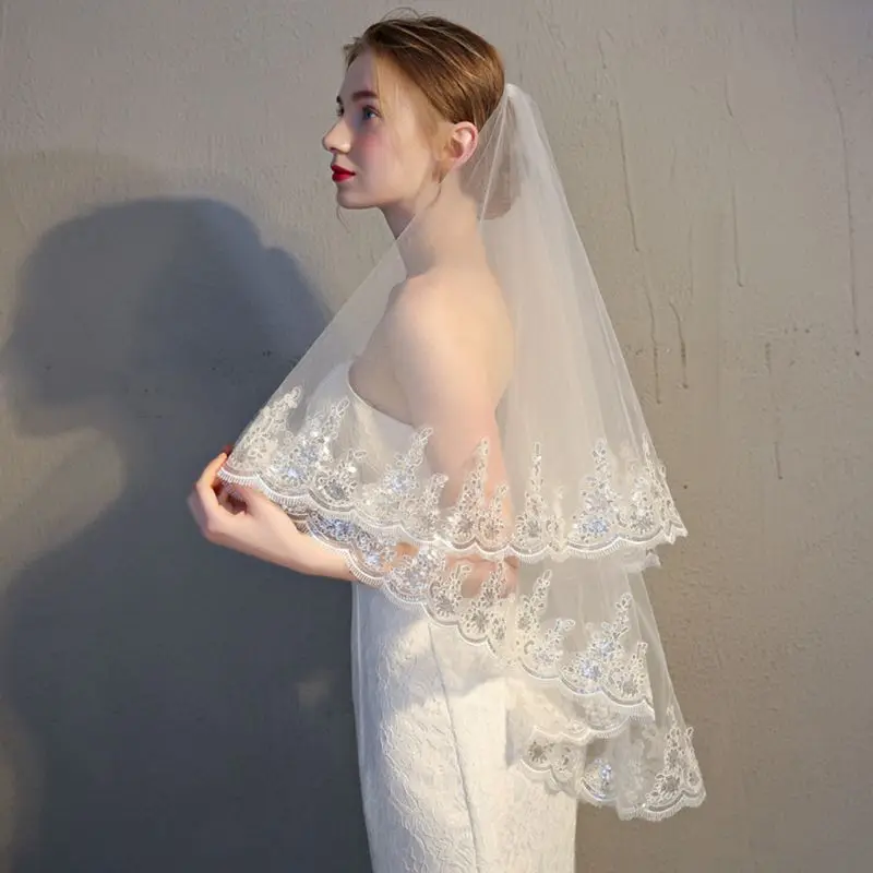 

2 Tier Wedding Veil with Comb Scalloped Lace Trim Glitter Sequins Embellished Waterfall Drape Women Bridal Party Hair Accessory
