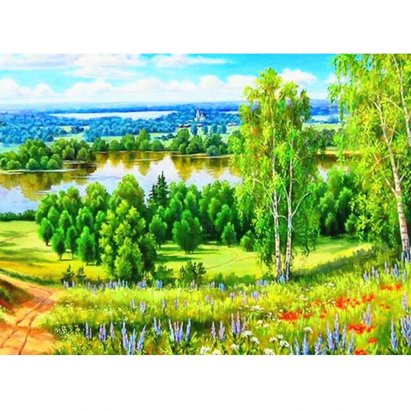 

DIY 5D алмазов картина фон с рисунком пейзажа с деревьями рекой и разноцветного квадратного/Набор для рисования с круглыми камнями и полотном ...