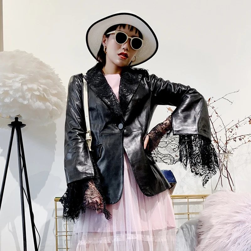 Женский блейзер из шкуры ягненка Элегантный Приталенный пиджак натуральной кожи