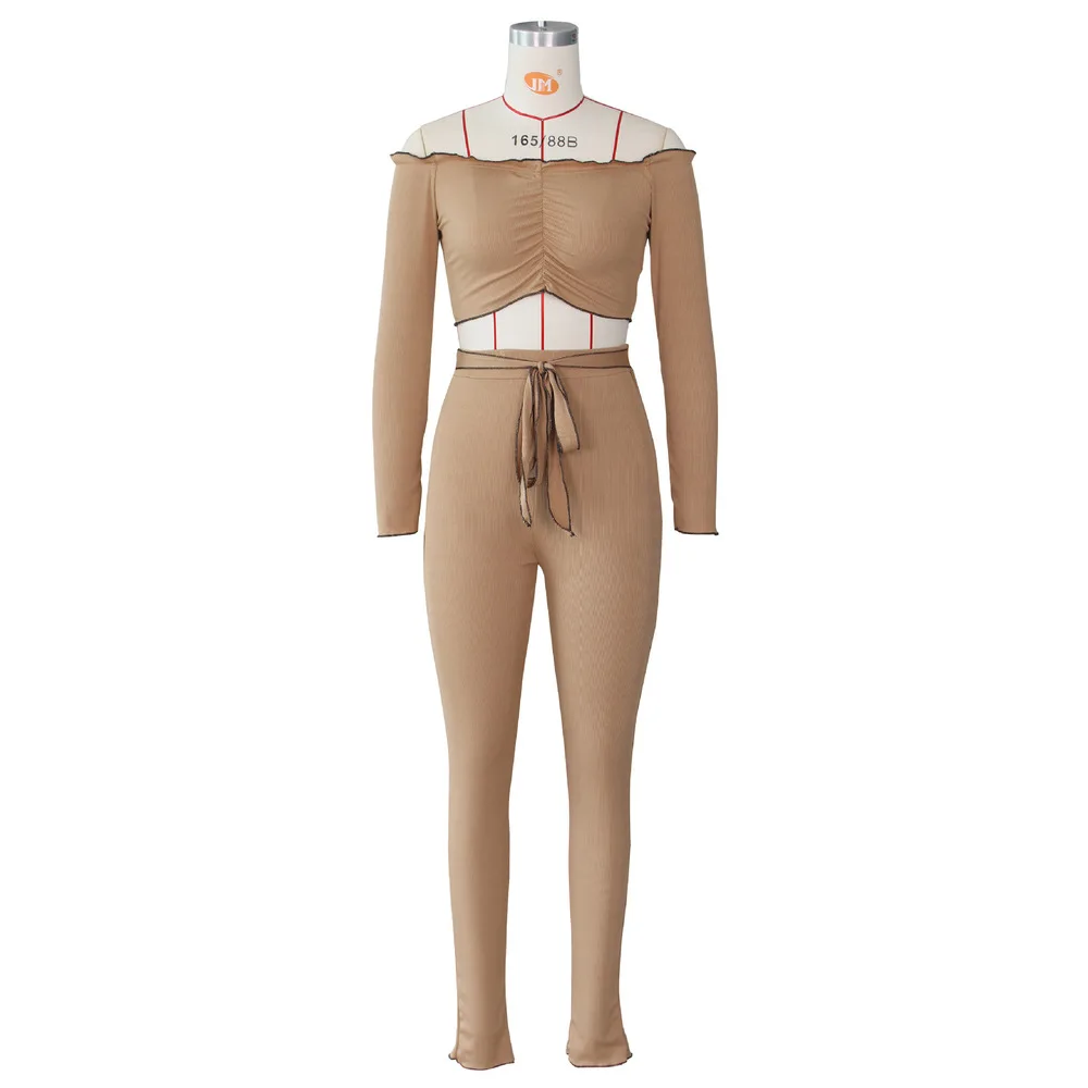 

Elastic Hight Ribbed Two Piece Set Tracksuit Women Off Shoulder Full Sleeve Ruched Crop Top Skinny Pencil Pant Streetwear Outfit