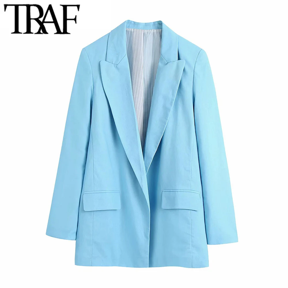 

TRAF Women Fashion With Print Cuffs Linen Blazer Coat Vintage Long Sleeve Flap Pockets Female Outerwear Chic Veste