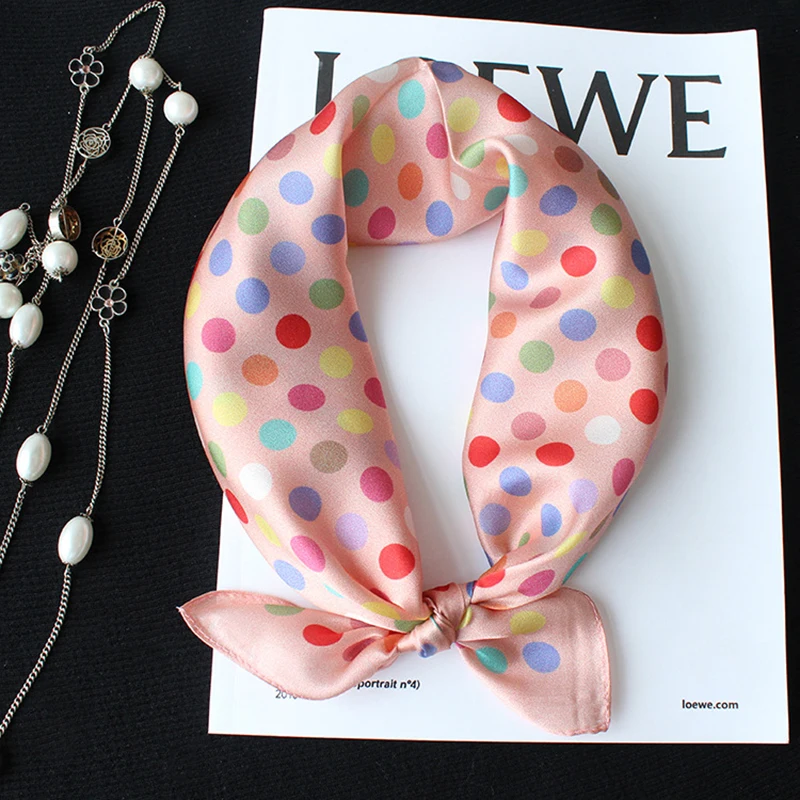 

Summer Fall 100% Silk Scarf Women Fashion Shiny Bandana Colorful Polka Dot Kerchief Neck Hair Small Headscarf 53*53cm