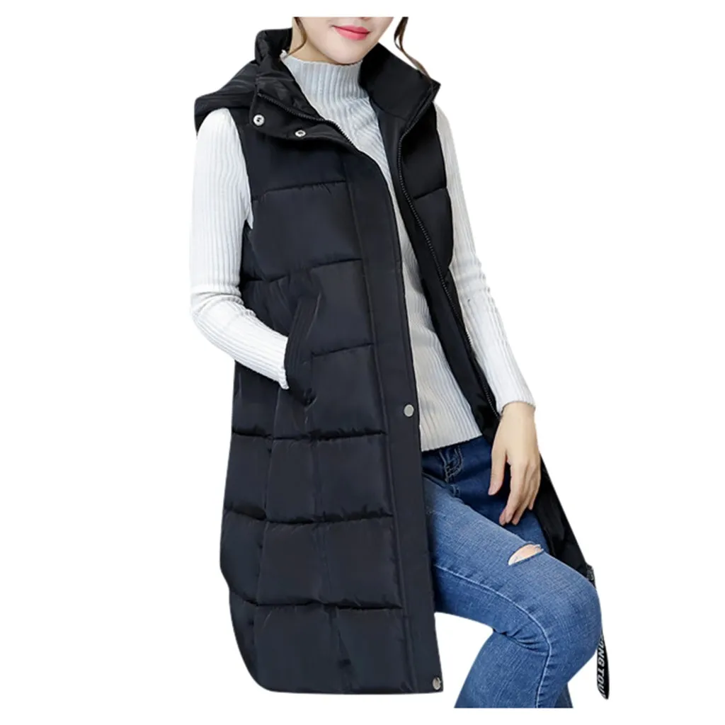 Черный Winter vest women long vest Casual Slim thick warm Autumn hooded sleeveless waistcoat long zipper winter vest female M-3XL - Цвет: Черный