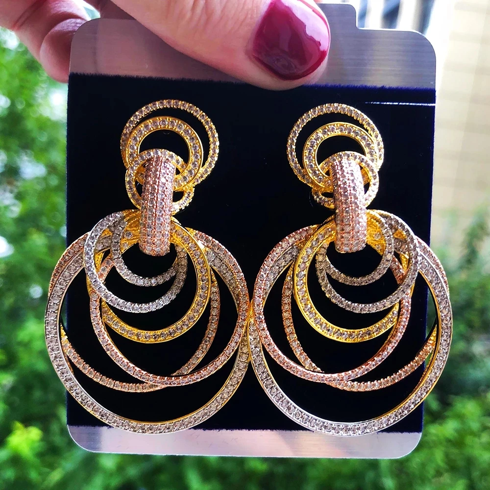 

Missvikki Luxury Many Circles Drop Earrings for Indian Dubai African Noble Women Bridal Wedding Jewelry Full Clear CZ Earrings