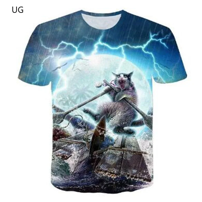 

UG 2021 New Fashion Hot Sale European Style Short-sleeved 3D Printing Lightning T-shirt Playful Cat Series Top