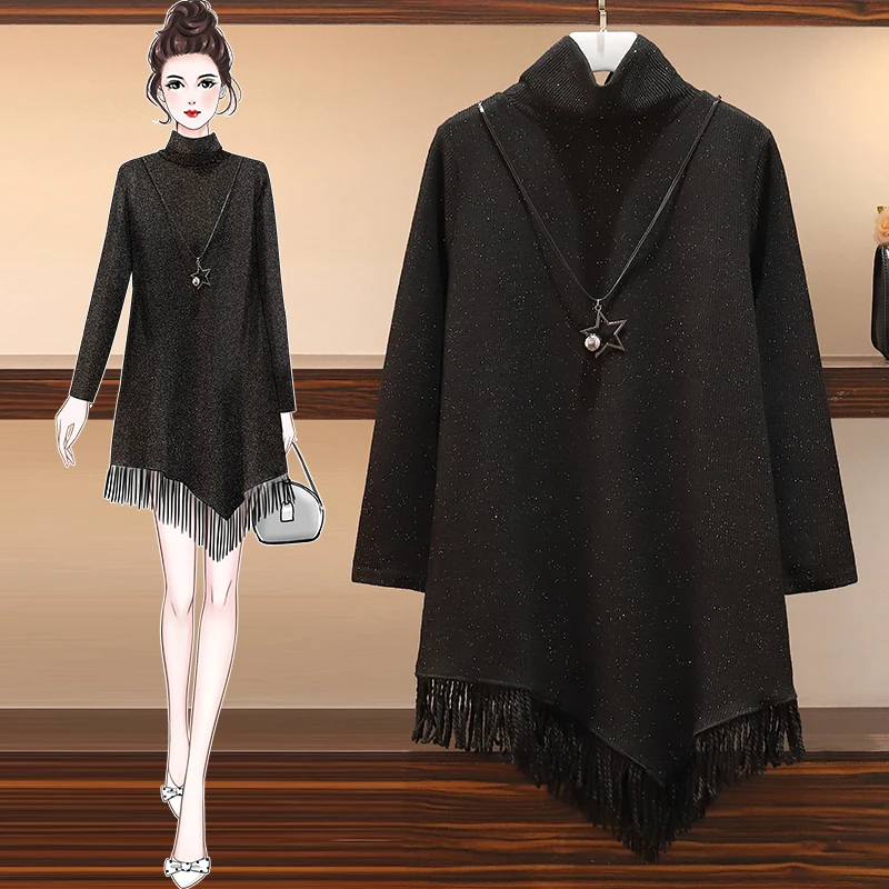

XL-5XL Plus Size Women Elegant Tassel Dress Winter 2020 Fashion Turtleneck Long Sleeve Loose Ladies Asymmetric Dresses Black