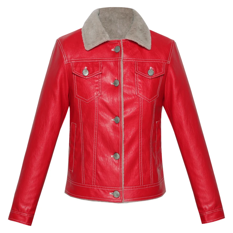 New Women Sheep Leather Jacket Autumn Winter Casual Fashion Double-Faced Lambswool Liner Thick Warm Slim Short Sheepskin Coat