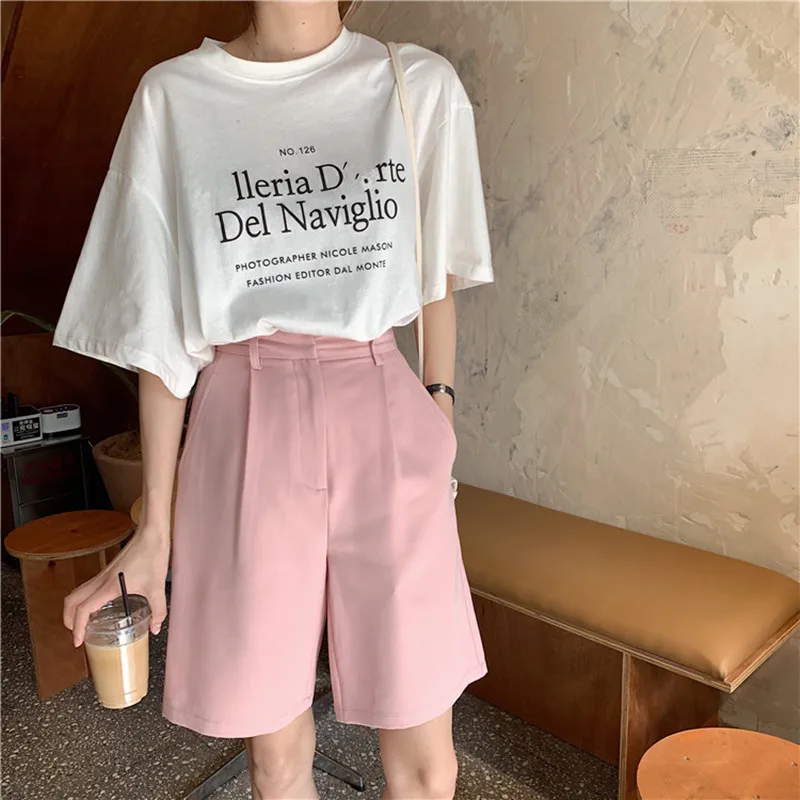 

Fashion High Waist Women Shorts Casual Half- length Sashes Belted Women Loose Shorts Pockets 2021 Spring Summer