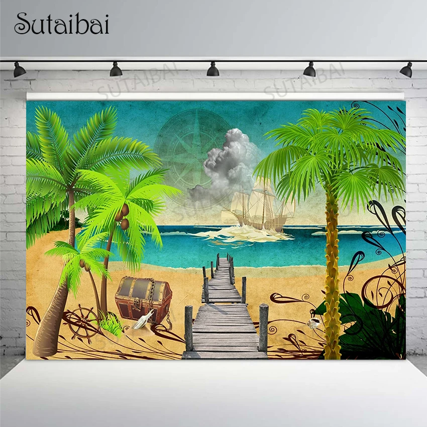 

Pirate Navigation Adventure Photography Backdrop Beach Seaside Treasure Chest Coconut Tree Photo Background Kids Birthday Props