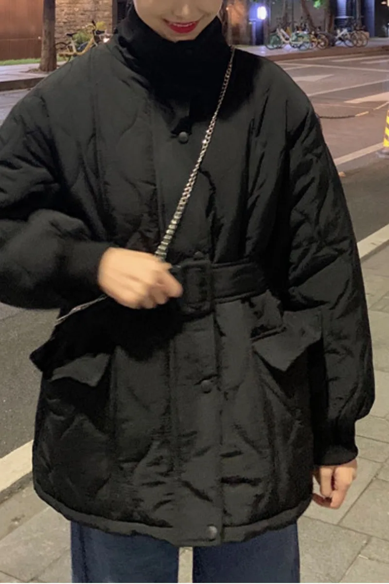 

Adjustable Waist Women Cotton Jacket 2020 Autumn and Winter New Solid Color Sling Breasted Stand Collar Thick Warm Long Parkas