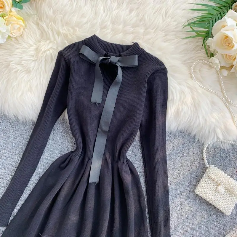 ALPHALMODA осеннее трикотажное платье с длинными рукавами и галстуком-бабочкой, милое женское платье с тонкой талией в консервативном стиле, трикотажное платье