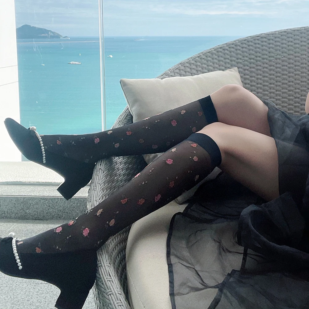 

New Sweet Flower Stockings Women Summer Long Stockings Transparent High Knee Socks Girls Pantyhose Leg Elastic Dress Calcetine