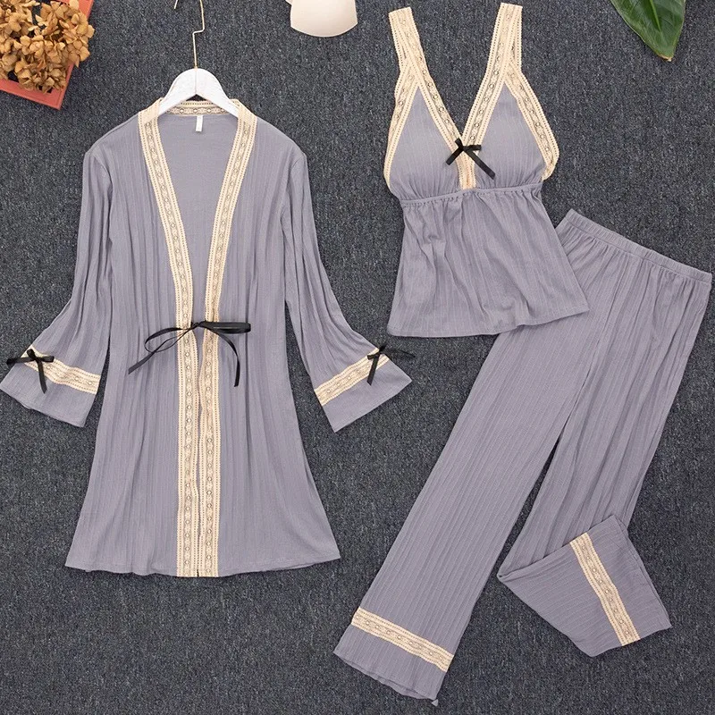

Casual 3 Pcs Pyjamas Sleep Suit Womens Cotton Pajamas Sets Long Sleeve Nightwear Strap Top&Pants Intimate Lingerie Sleepwear