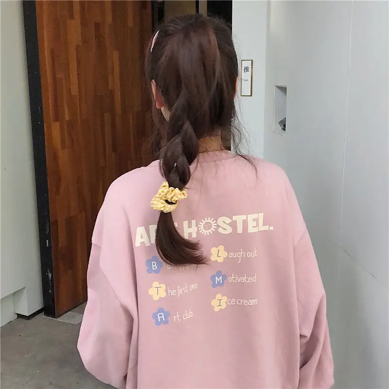 

Women No Hat Hoodies Sweet Spring Womens Clothing Students Printing Floral Korean Style O-neck Sweatshirts All-match Fashion Ins
