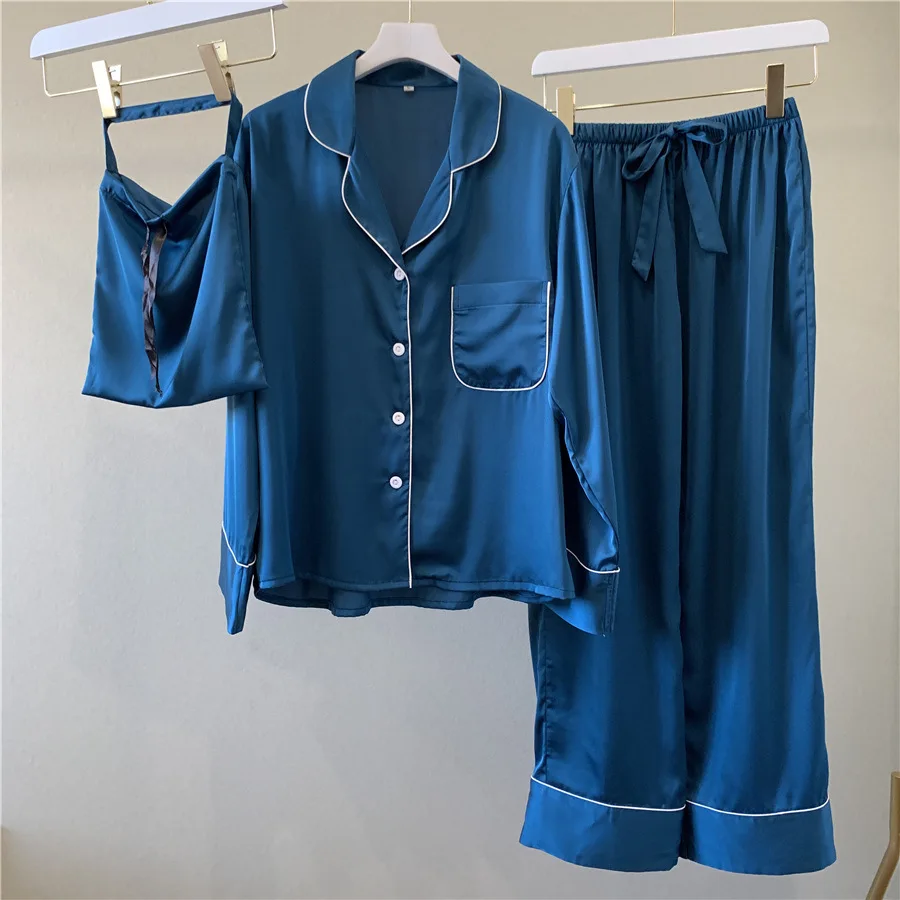 

Daeyard Silk Pajama Sets With Bags Women Luxury Long Sleeve Pyjamas Vintage Sleepwear Oversize 2 Pcs Button UP Pijama Homewear
