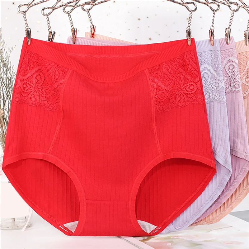 

XL~6XL High Waist Panties Women's Underwear Cotton Striped Lace Lingerie Briefs Antibacterial Underpants Soft Female Intimates