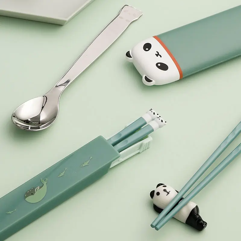 Переносной набор столовых приборов Kawaii Panda палочки ложка силиконовая посуда из