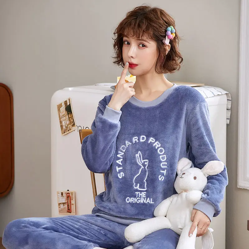 sleepwear women set Пижамы женские большие размеры пижамы из плотной ткани женские теплые длинные осенние пижамы зимний домашний костюм женская пижама домашний L-XXL - Color: sleepwear women set