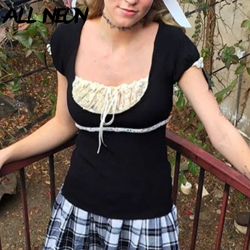 

ALLNeon Vintage Y2K Aesthetics Patchwork Lace Trim Milk Maid Tops Black Egirl Fairy Drawstring Square Neck Short Sleeve T-shirts