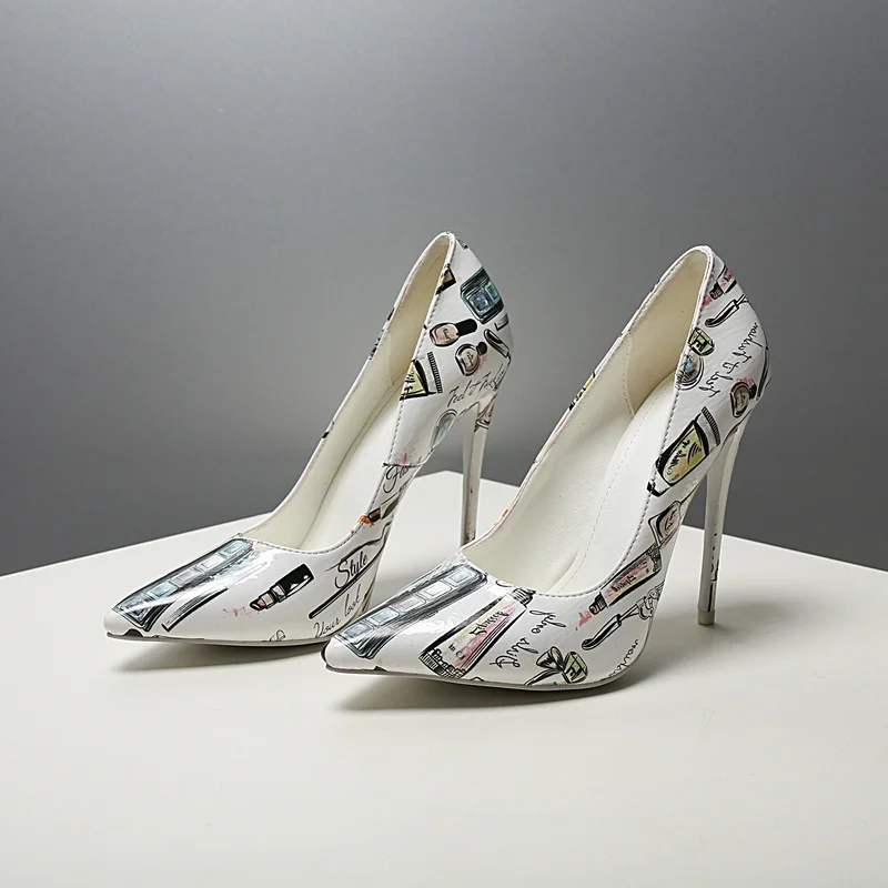 

2020 fashion women's shoes white painted high heels wedding shallow mouth pointed stripe white high heeled women white heels