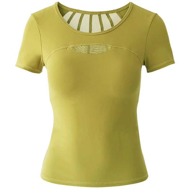 

New style yoga wear short-sleeved mesh breathable top running fitness sexy back moisture wicking belt chest pad female yoga vest