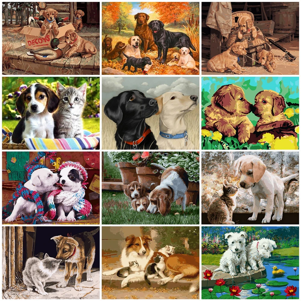 HUACAN, картина маслом, собака, комплект для животных, рисунок на холсте, настенное искусство, ручная роспись, картины по номерам, сделай сам, подарок, домашний декор