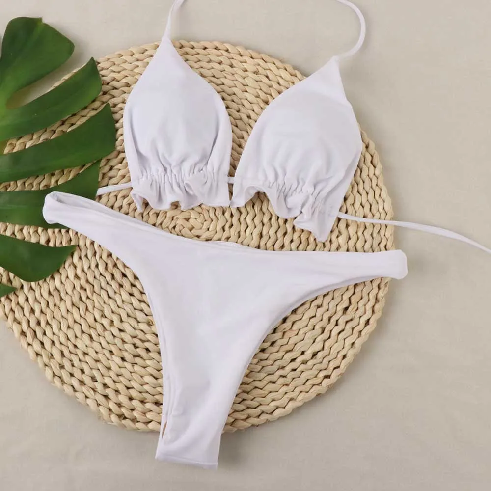 

Paotang2021 Summer New Sexy Solid Color Adjustable Strappy Swimwear Ladies Unique Gather Push Up Bikini Beachwear Two-Piece Suit