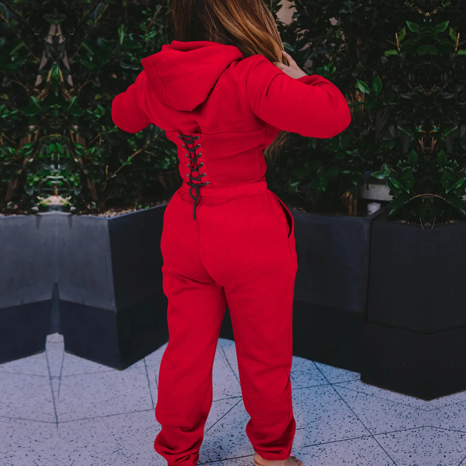 

Straight Sweatpants Patchwork Loose Hoodies Two Piece Outfits for Women