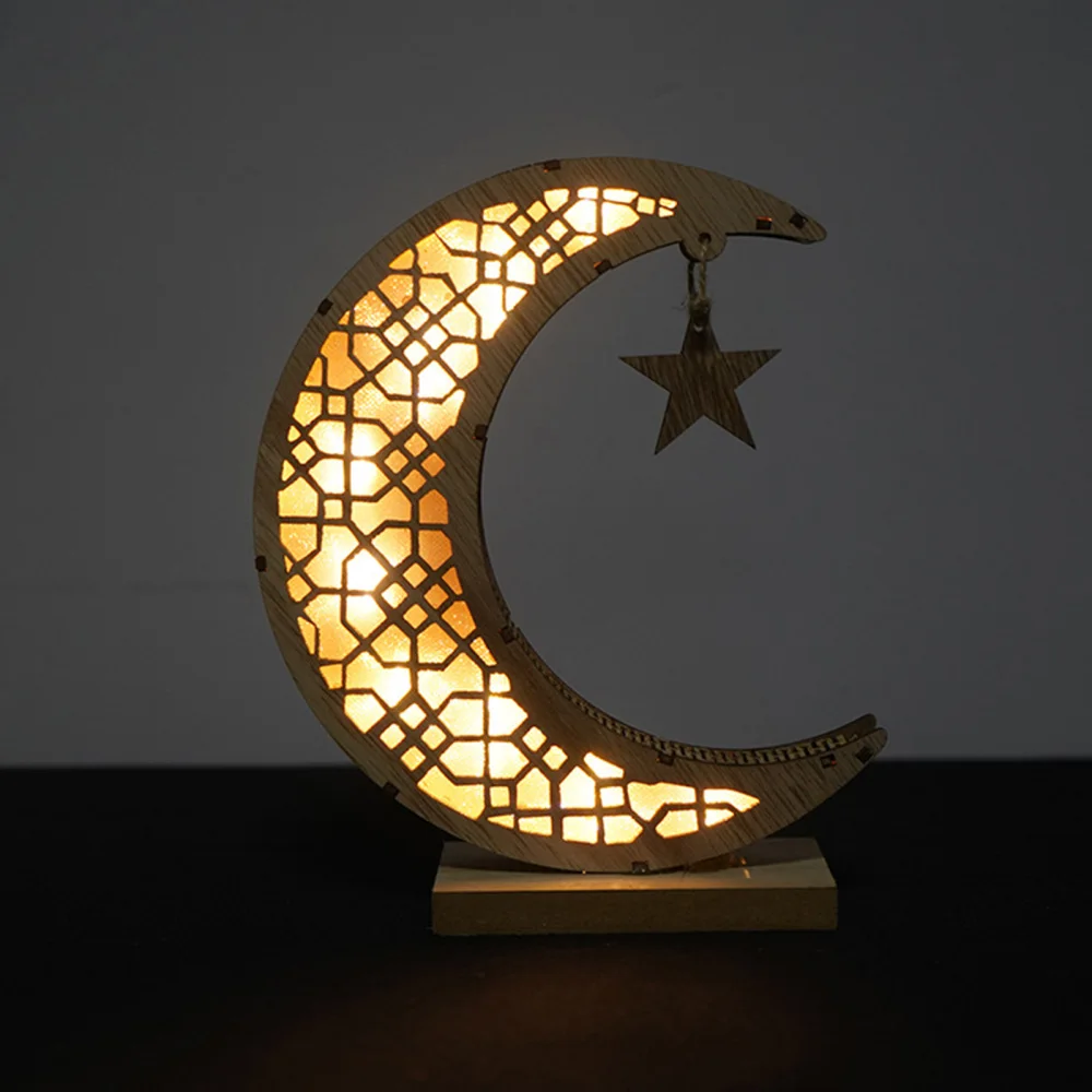 

Wooden Tabletop Ornaments Muslim Mosque Islam Home Ramadan Eid Party Supplies Crafts Decorations Moon Shaped Night Lights