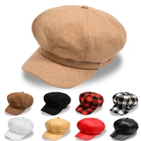 spring autumn fashion women wool solid octagonal hat versatile newspaper boy caps pu leather beret warm winter