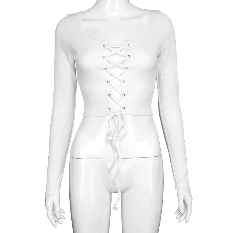 

simple Hollow out lace up Ribbing tshirt for woman fall Korean casual pure high streetwear sexy Low-cut bodycon crop top