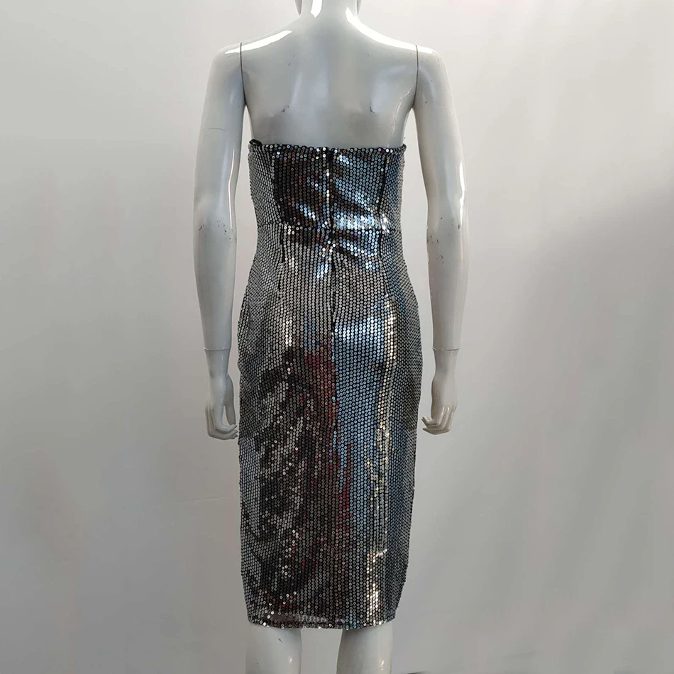 

Ailigou 2021 New Women'S High Quality Silver Sexy Sequins Open Back Tight Mid-Length Dress Elegant Celebrity Party Dress